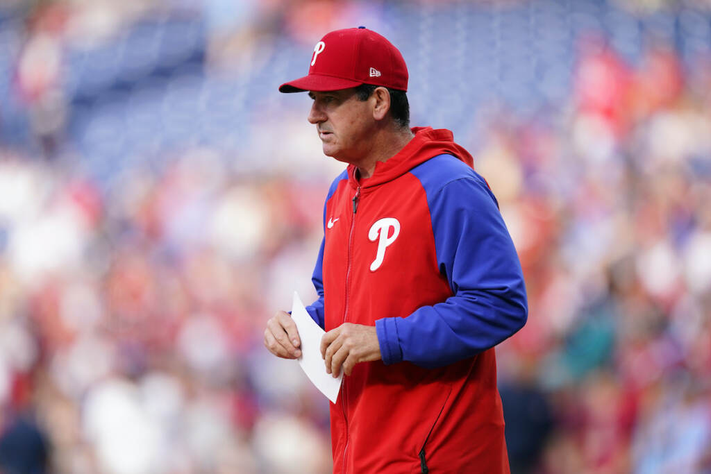 Angels Phillies Baseball Philadelphia Phillies interim manager Rob Thomson walks to exchange line ups before a baseball game against the Los Angeles Angels, Friday, June 3, 2022, in Philadelphia. (AP Photo/Matt Slocum)