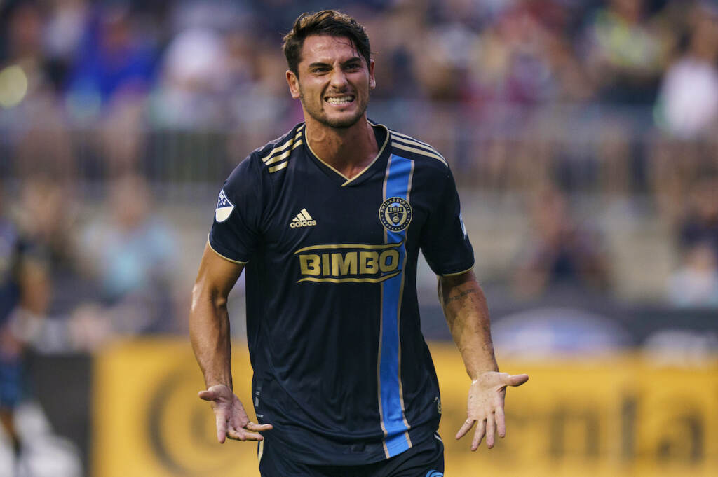 MLS DC United Union Soccer Philadelphia Union's Julian Carranza reacts to his goal against D.C. United during the first half of an MLS soccer match Friday, July 8, 2022, in Chester, Pa. (AP Photo/Chris Szagola)