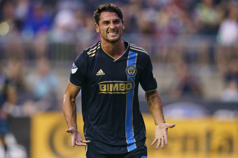 Philadelphia Union's Julian Carranza reacts to his goal against D.C. United during the first half of an MLS soccer match Friday, July 8, 2022, in Chester, Pa. (AP Photo/Chris Szagola)