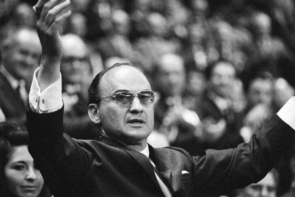 Mexico Obit Luis Echeverria File photo: Luis Echeverria Alvarez speaks to party members after becoming the official nominee for the 1970-76 presidential race, during the closing session of the ruling Institutional Revolutionary Party's conventional at the Olympic Sports Palace in Mexico City, Nov. 16, 1969. Current President Andres Manuel Lopez Obrador confirmed the death of Echeverria on Saturday, July 9, 2022. Echeverria, who governed from 1970 to 1976, was 100. (AP Photo)