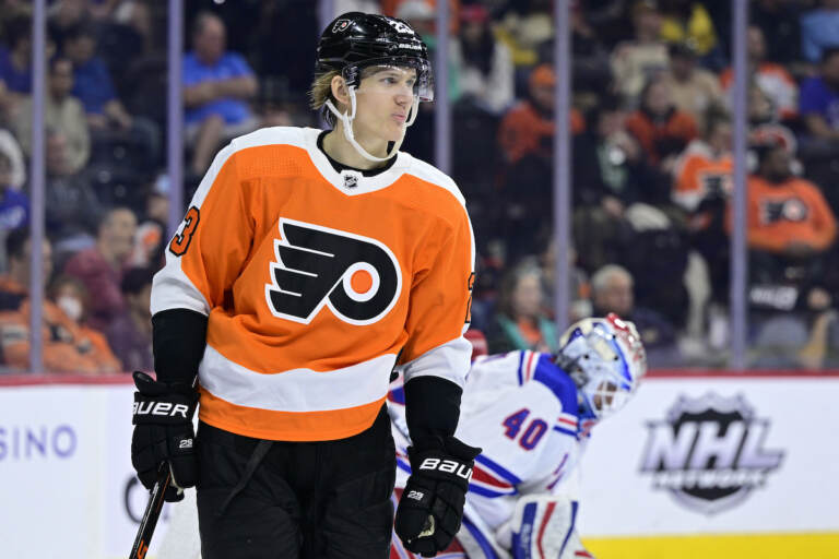 File photo: Philadelphia Flyers' Oskar Lindblom plays during an NHL hockey game against the New York Rangers, Wednesday, April 13, 2022, in Philadelphia. (AP Photo/Derik Hamilton, File)