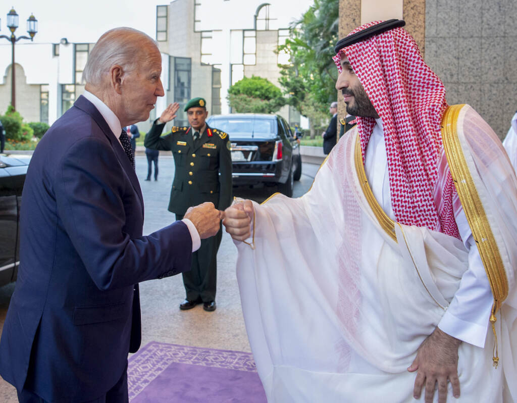 US Biden Mideast In this image released by the Saudi Royal Palace, Saudi Crown Prince Mohammed bin Salman, right, greets President Joe Biden with a fist bump after his arrival at Al-Salam palace in Jeddah, Saudi Arabia, Friday, July 15, 2022. (Bandar Aljaloud/Saudi Royal Palace via AP)