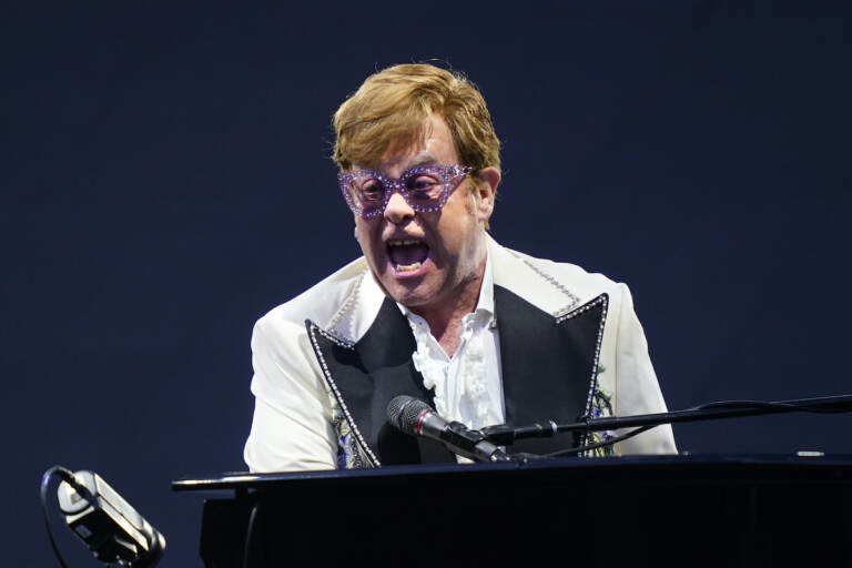 Elton John performs during his ''Farewell Yellow Brick Road,'' tour, Friday, July 15, 2022, at Citizens Bank Park in Philadelphia. (AP Photo/Matt Rourke)