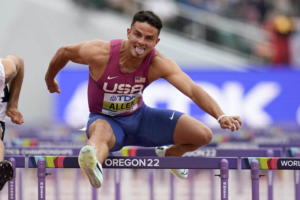 Worlds Athletics Devon Allen, of the United States, wins a heat in the mens 110-meter hurdles at the World Athletics Championships on Saturday, July 16, 2022, in Eugene, Ore. (AP Photo/Ashley Landis)