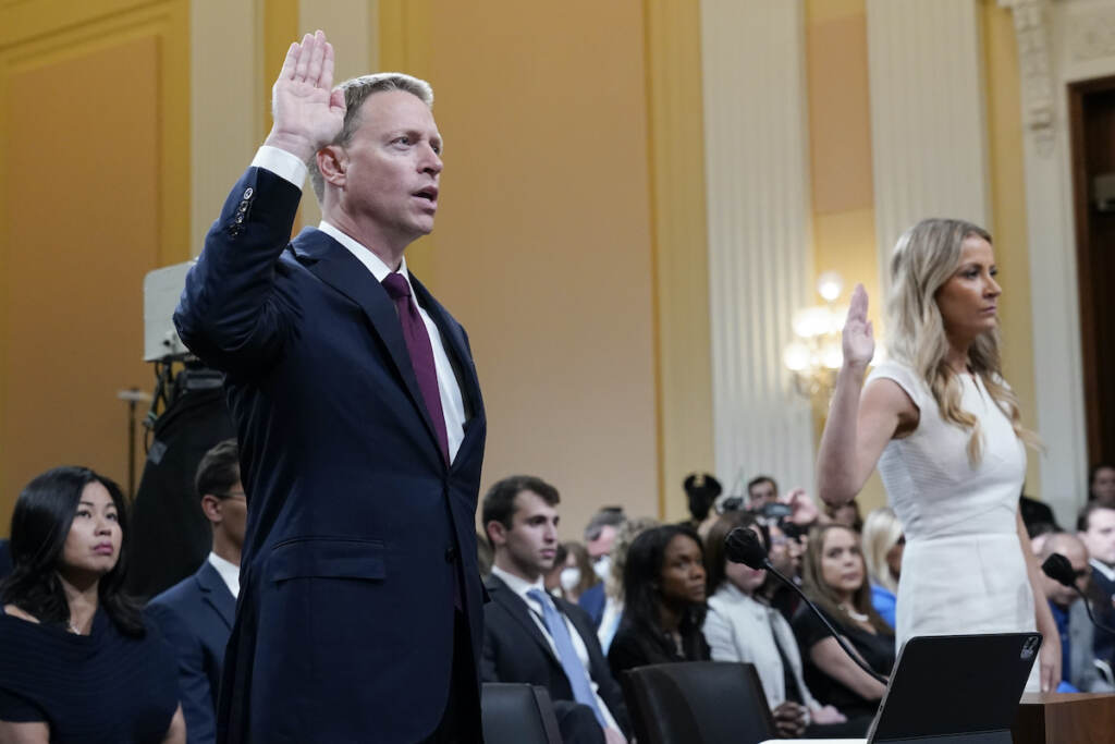Matt Pottinger,Sarah Matthews Matt Pottinger, former deputy national security adviser, and Sarah Matthews, former White House deputy press secretary, are sworn in to testify as the House select committee investigating the Jan. 6 attack on the U.S. Capitol holds a hearing at the Capitol in Washington, Thursday, July 21, 2022. (AP Photo/J. Scott Applewhite)