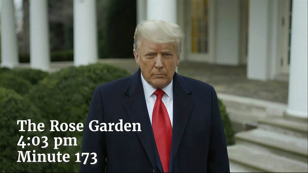 Capitol Riot Investigation This exhibit from video released by the House Select Committee, shows President Donald Trump recording a video statement on the afternoon of Jan. 6, from the Rose Garden, displayed at a hearing by the House select committee investigating the Jan. 6 attack. (House Select Committee via AP)