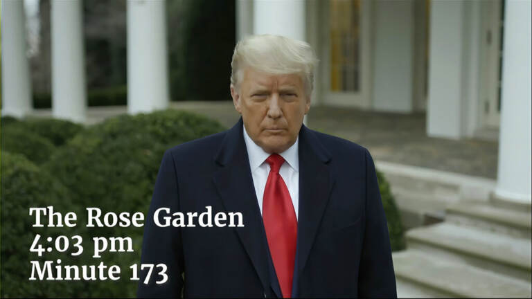 This exhibit from video released by the House Select Committee, shows President Donald Trump recording a video statement on the afternoon of Jan. 6, from the Rose Garden, displayed at a hearing by the House select committee investigating the Jan. 6 attack. (House Select Committee via AP)