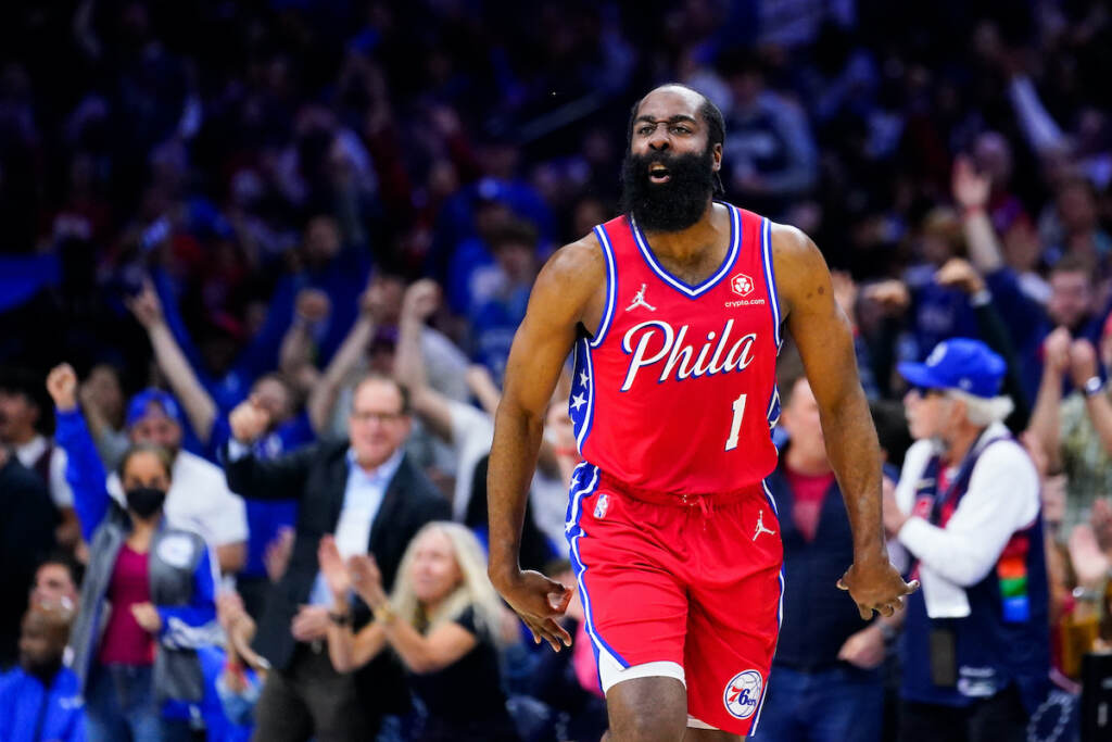 76ers Harden Basketball File photo: Philadelphia 76ers' James Harden reacts during the first half of Game 4 of an NBA basketball second-round playoff series against the Miami Heat, May 8, 2022, in Philadelphia. (AP Photo/Matt Slocum, File)