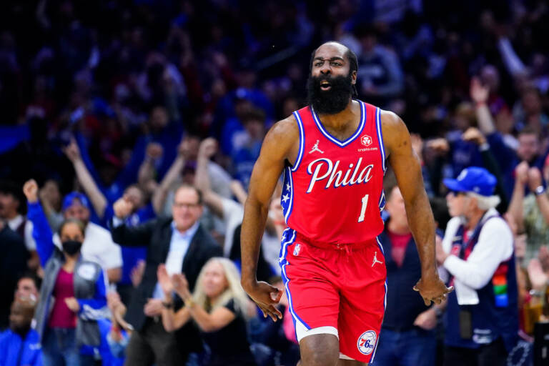 File photo: Philadelphia 76ers' James Harden reacts during the first half of Game 4 of an NBA basketball second-round playoff series against the Miami Heat,  May 8, 2022, in Philadelphia. (AP Photo/Matt Slocum, File)