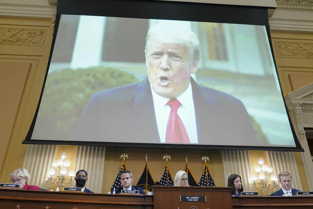 Capitol Riot Investigation File photo: A video of President Donald Trump speaking on Jan. 6 is played as the House select committee investigating the Jan. 6 attack on the U.S. Capitol holds a hearing at the Capitol in Washington, July 21, 2022. (AP Photo/Patrick Semansky, File)