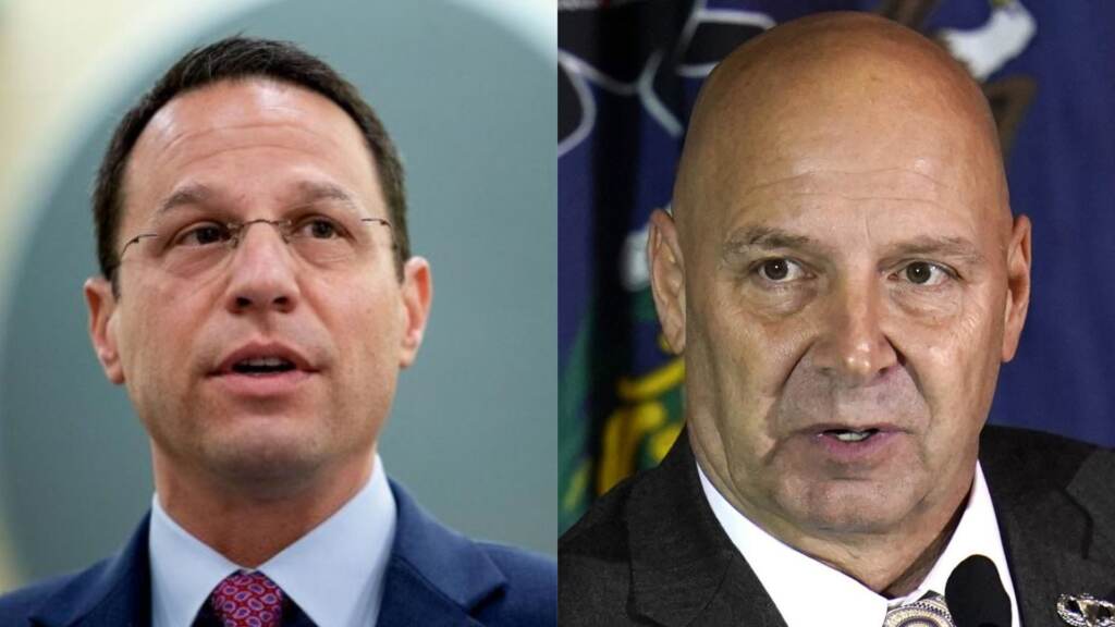 Untitled-design-5-1920×1080 Attorney General Josh Shapiro (left) and Sen. Doug Mastriano.