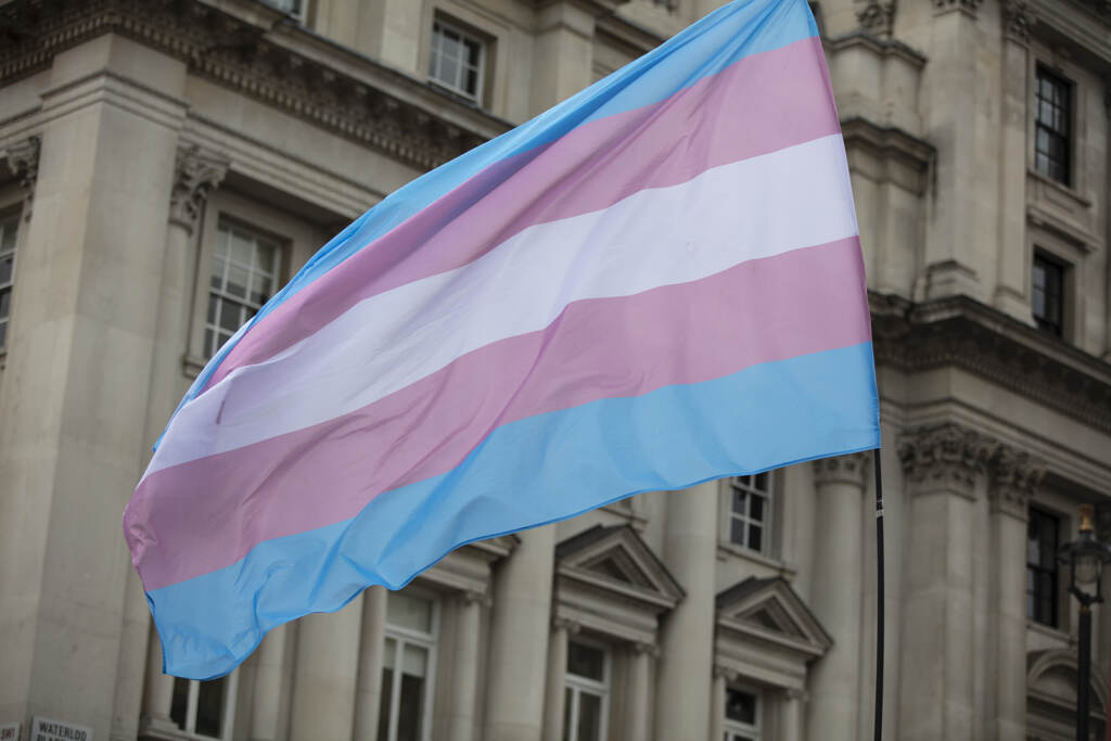 A Transgender Flag Being Waved At Lgbt Gay Pride March A close-up of a transgender rights flag.