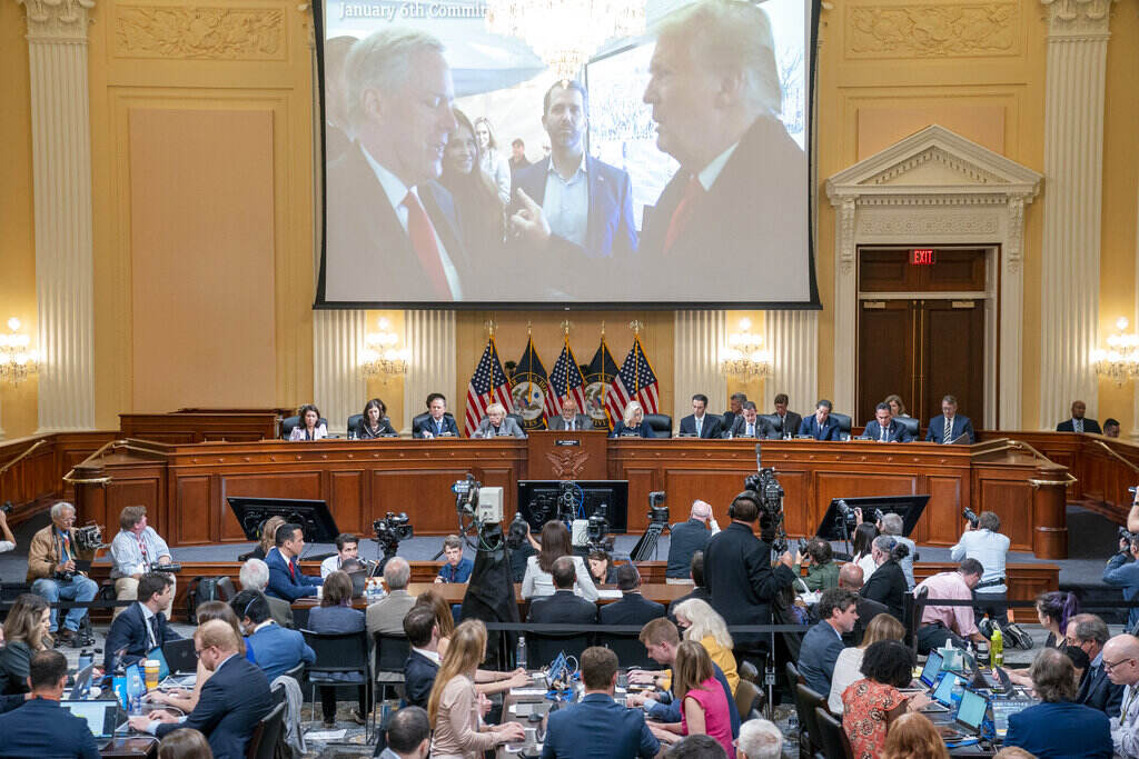 Capitol Riot Investigation The Jan. 6 commission presents evidence below a screen which shows former President Donald Trump speaking with his Chief of Staff Mark Meadows.