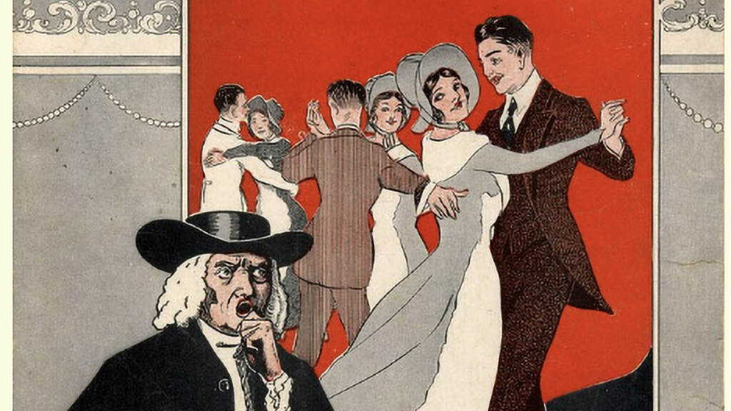 dancecop-quaker An illustration shows people in 1920s attire dancing, with a person in the foreground blowing a whistle at them.