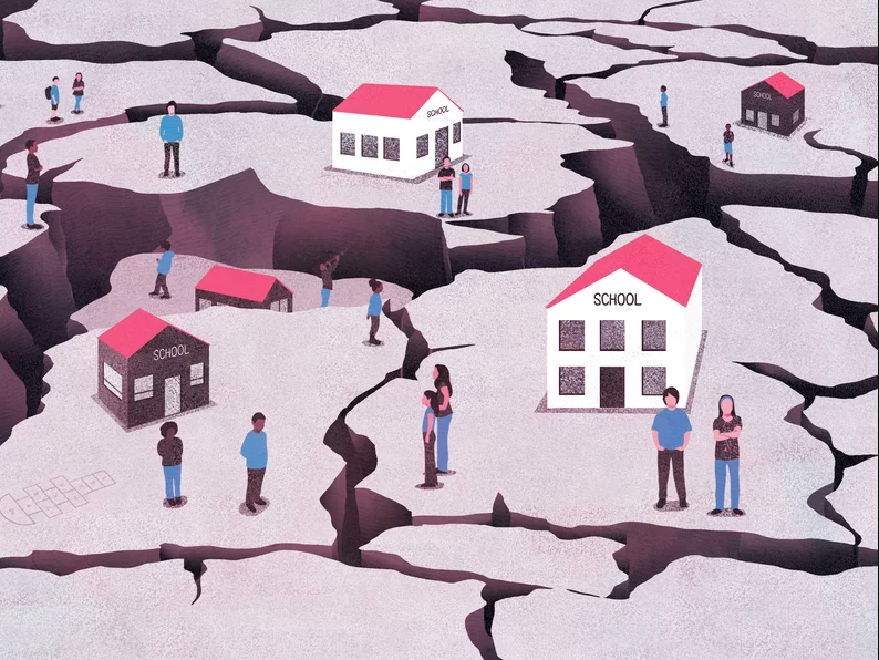education-divide An illustration of schools on different terrain, with large cracks between them
