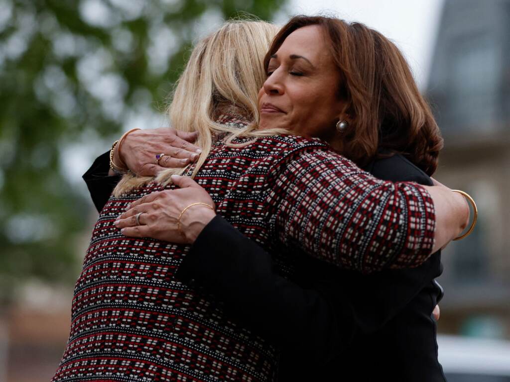 Vice President Kamala Harris hugs Highland Park, Ill., Mayor Nancy Rotering on Tuesday as she visits the site of a shooting Monday that killed seven people. Vice President Kamala Harris hugs Highland Park, Ill., Mayor Nancy Rotering on Tuesday as she visits the site of Monday's mass shooting that killed seven people and injured dozens. (Kamil Krzaczynski/AFP via Getty Images)