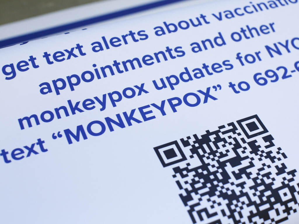 Informational posters are displayed at a monkeypox mass vaccination site at the Bushwick Educational Campus in Brooklyn on July 17. Informational posters are displayed at a monkeypox mass vaccination site