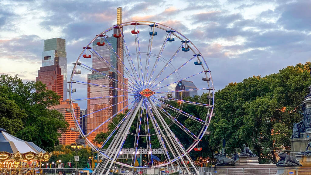ovalferriswheel-sunsetcrop Ferris wheel at the Oval is visible with the Parkway in the background.