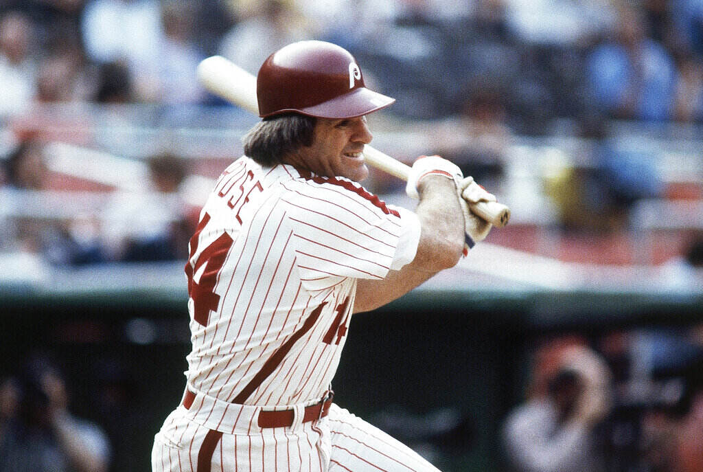 Phillies Rose Baseball Pete Rose swings a bat.