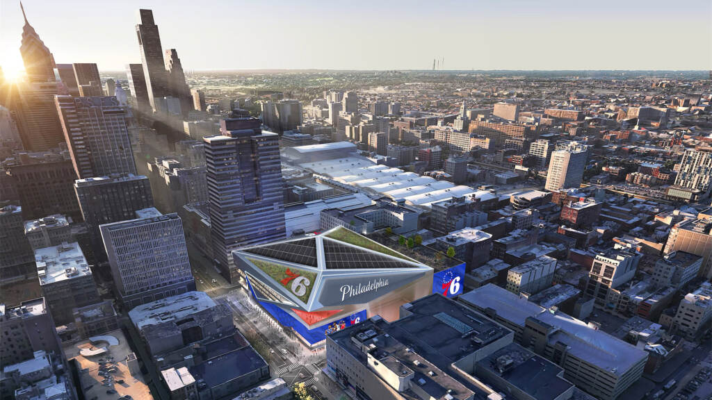 sixersarena-rendering-76place-crop An aerial view with a rendering of what the new arena would look like, amid existing buildings in Philadelphia's downtown.
