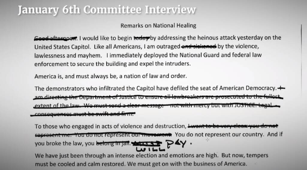 A screenshot from the House Select Jan. 6 panel shows an edited Trump speech prepared for the day after the deadly attack. A screenshot from the House Select Jan. 6 panel shows an edited Trump speech prepared for the day after the deadly attack.