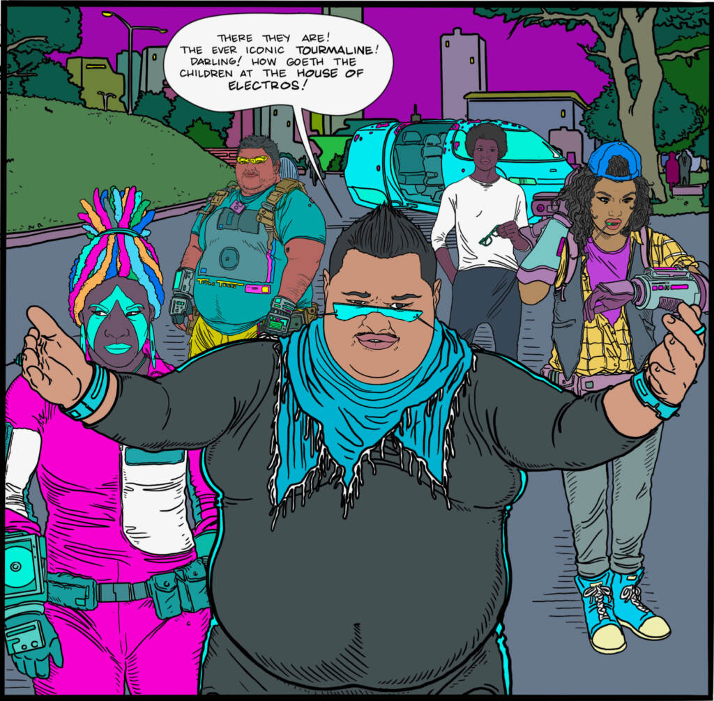 An illustration of a person holding up their hands with more people in the background.