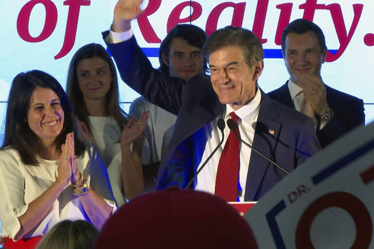 Mehmet Oz, a Republican candidate for U.S. Senate in Pennsylvania, speaks at a primary night election gathering in Newtown, Pa., Tuesday, May 17, 2022. (AP Photo/Ted Shaffrey)