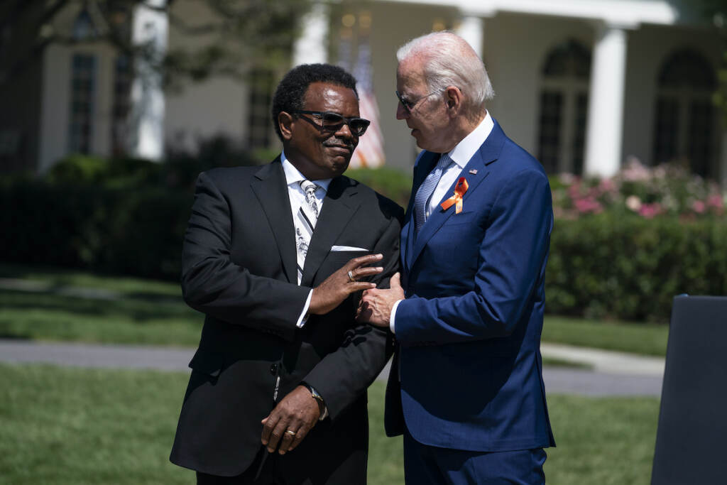 Joe Biden, Garnell Whitfield Jr. President Joe Biden talks with Garnell Whitfield Jr.