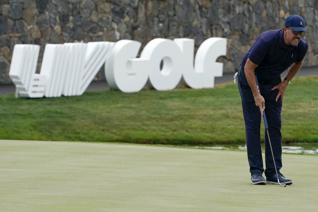 Phil Mickelson Phil Mickelson lines up a shot on the 18th hole during the first round of the Bedminster Invitational LIV Golf tournament in Bedminster, N.J., Friday, July 29, 2022. (AP Photo/Seth Wenig)