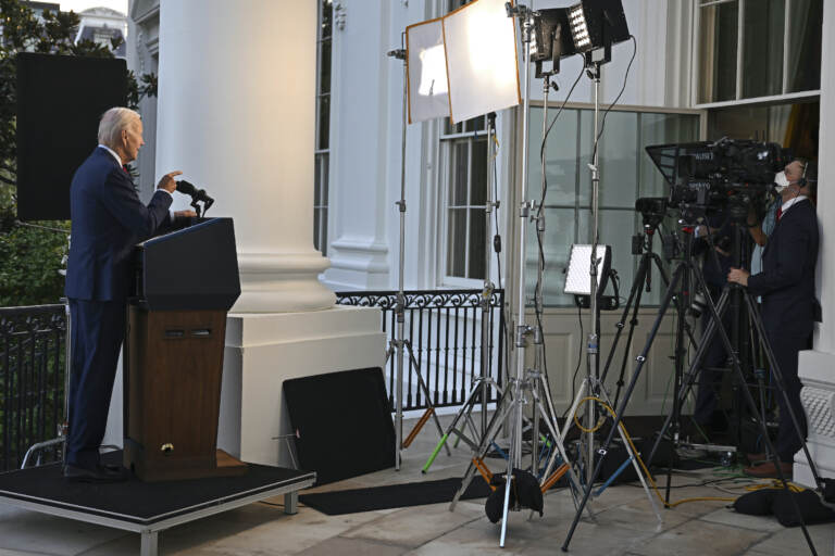 President Joe Biden speaks from the Blue Room Balcony of the White House Monday, Aug. 1, 2022, in Washington, as he announces that a U.S. airstrike killed al-Qaida leader Ayman al-Zawahri in Afghanistan. (Jim Watson/Pool via AP)