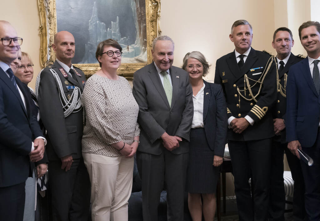Chuck Schumer, Paivi Nevala, Karin Olofsdotter Senate Majority Leader Chuck Schumer, D-N.Y. (center) is flanked by Paivi Nevala, minister counselor of the Finnish Embassy (left) and Karin Olofsdotter, Sweden's ambassador to the U.S., as he welcomes diplomats just before the Senate vote to ratify NATO membership for the two nations in response to Russia's invasion of Ukraine, at the Capitol in Washington, Wednesday, Aug. 3, 2022. (AP Photo/J. Scott Applewhite)