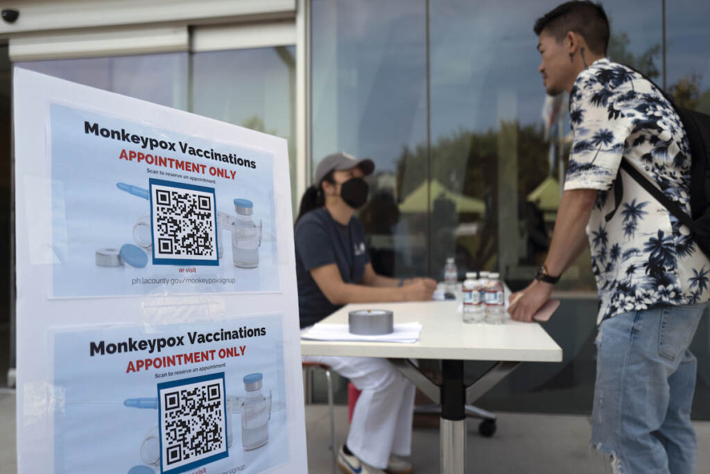 A visitor checks in at a pop-up monkeypox vaccination site in California.