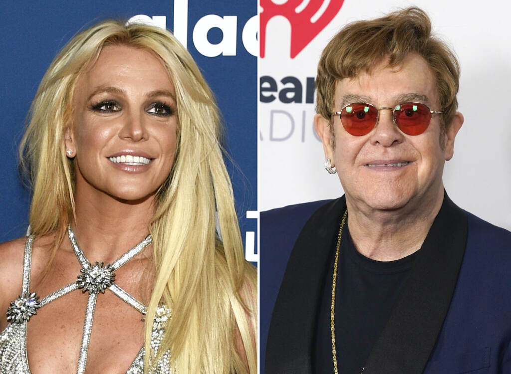 Music-Elton John-Britney Spears This combination of photos show Britney Spears at the 29th annual GLAAD Media Awards in Beverly Hills, Calif., on April 12, 2018, left, and Elton John at the iHeartRadio Music Awards on Thursday, May 27, 2021, in Los Angeles. Spears and John have collaborated for the first time, creating the slinky, club-ready single