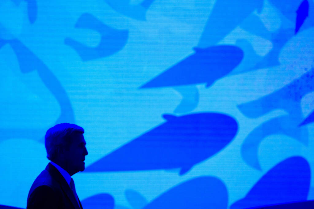 United Nations High Seas Treaty File photo: Secretary of State John Kerry stands onstage against a video backdrop of ocean life during the Our Ocean, One Future conference at the State Department in Washington, Thursday, Sept. 15, 2016. (AP Photo/Cliff Owen, File)