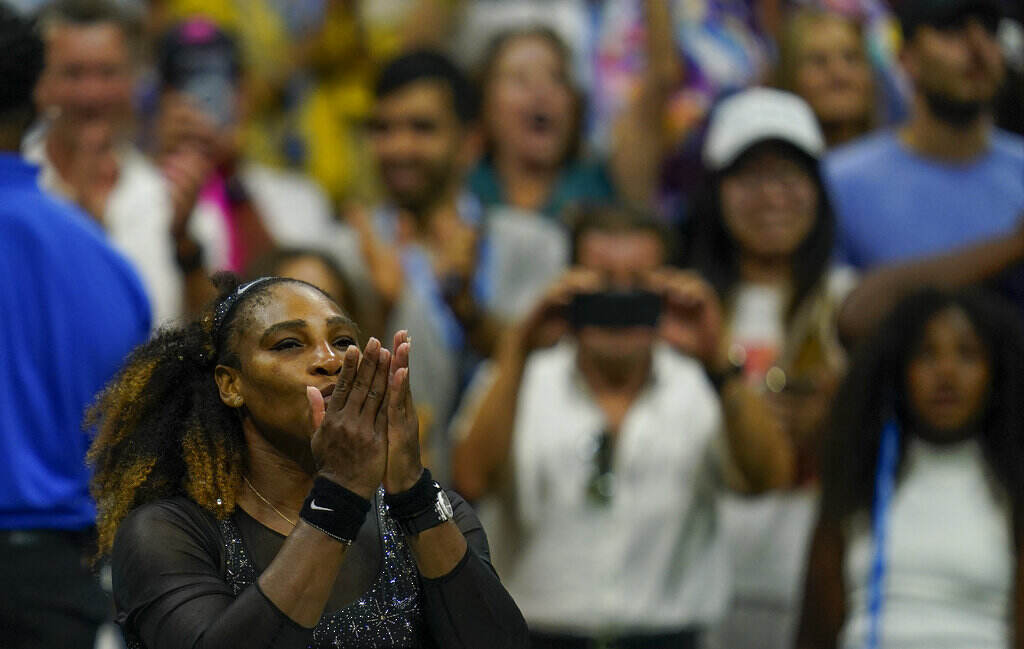 US Open Tennis Serena Williams, of the United States, blows a kiss to the crowd after defeating Danka Kovinic, of Montenegro, during the first round of the US Open tennis championships, Monday, Aug. 29, 2022, in New York. (AP Photo/Charles Krupa)