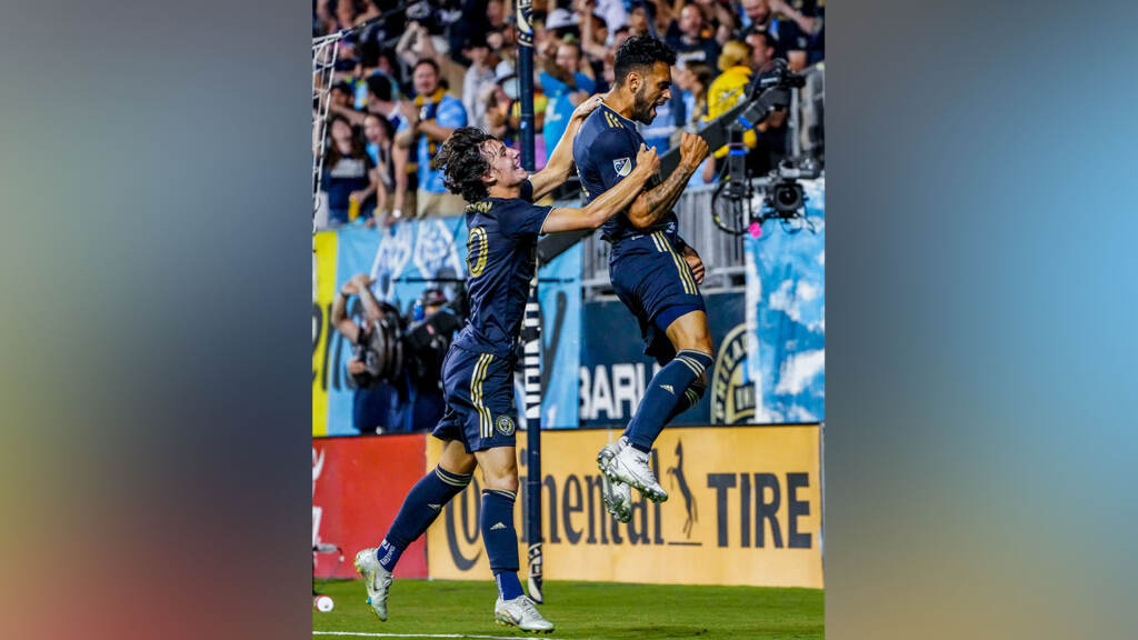 FbOODvQXkAAEFng Philadelphia Union defender Matt Real (right) and midfielder Paxten Aaronson celebrate the team's sixth goal of a 6-0 against the Colorado Rapids on Aug 27, 2022 in Chester, Pa. (@PhilaUnion/Twitter)