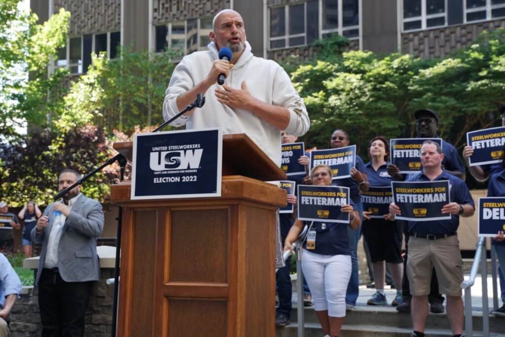 Fetterman US Senate candidate John Fetterman speaks to a gathering of Steelworkers on August 23, 2022. (Oliver Morrison/WESA)