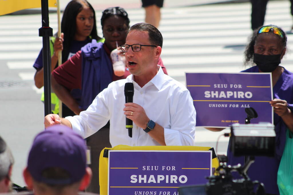 IMG_8073 Pa. Attorney General and gubernatorial candidate Josh Shapiro criticized his opponent's stance on labor unions during a campaign stop on Aug. 18, 2022. (Cory Sharber/WHYY)