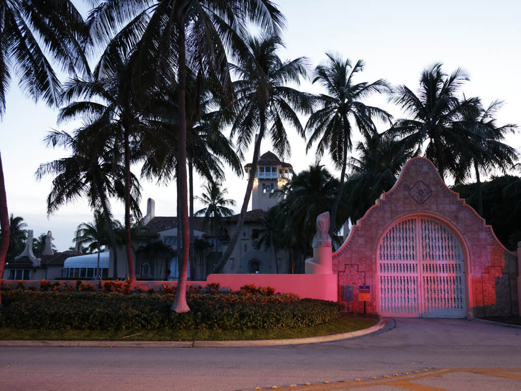 The entrance to former President Donald Trump’s Mar-a-Lago Palm Beach, Fla. estate is shown on Aug. 8, 2022, the day of the FBI’s search there. The entrance to former President Donald Trump's Mar-a-Lago Palm Beach, Fla. estate is shown on Aug. 8, 2022, the day of the FBI's search there. (Terry Renna/AP)