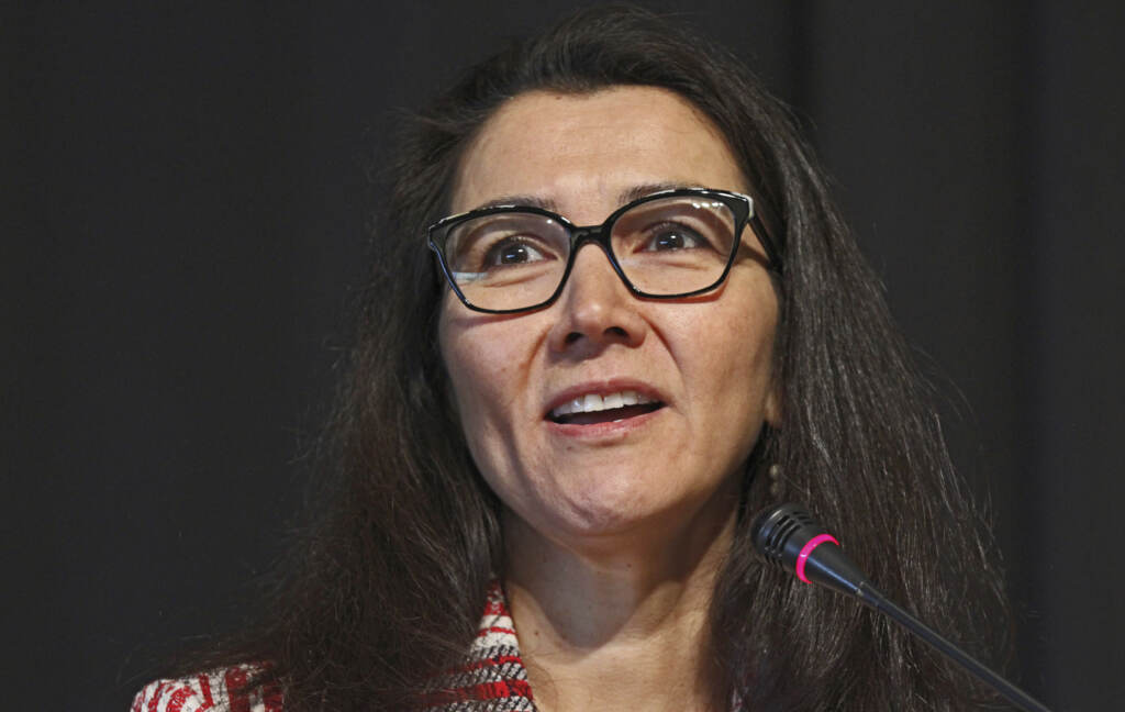 Mary Peltola, a Democrat, speaks during a forum for U.S. House candidates on May 12 in Anchorage, Alaska. (Mark Thiessen/AP)