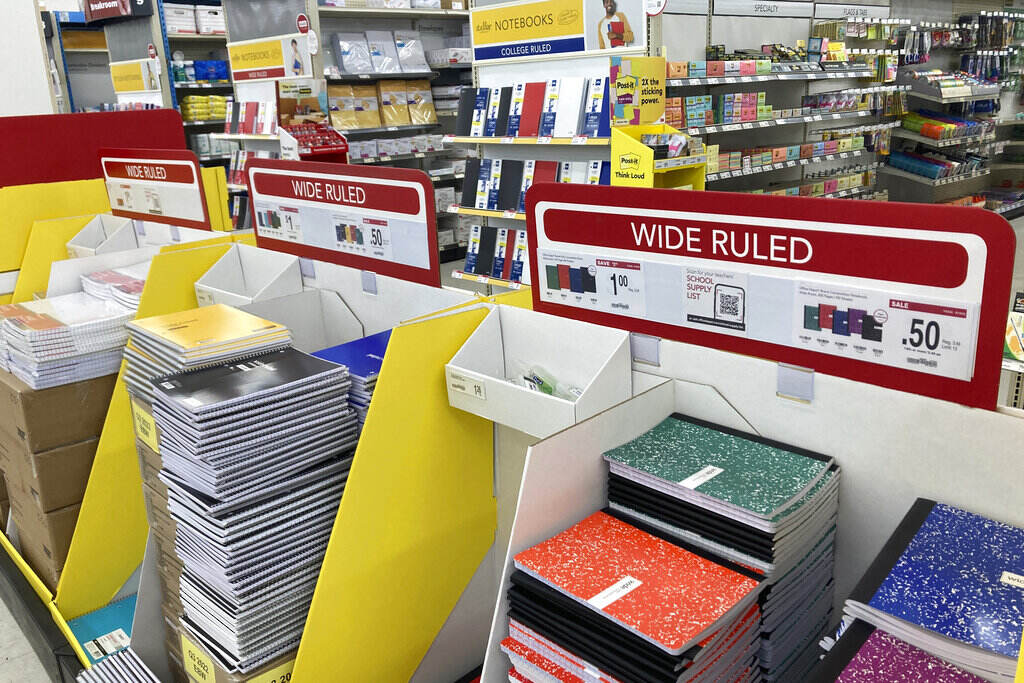 Back To School Inflation Stacks of notebooks are shown in a store.