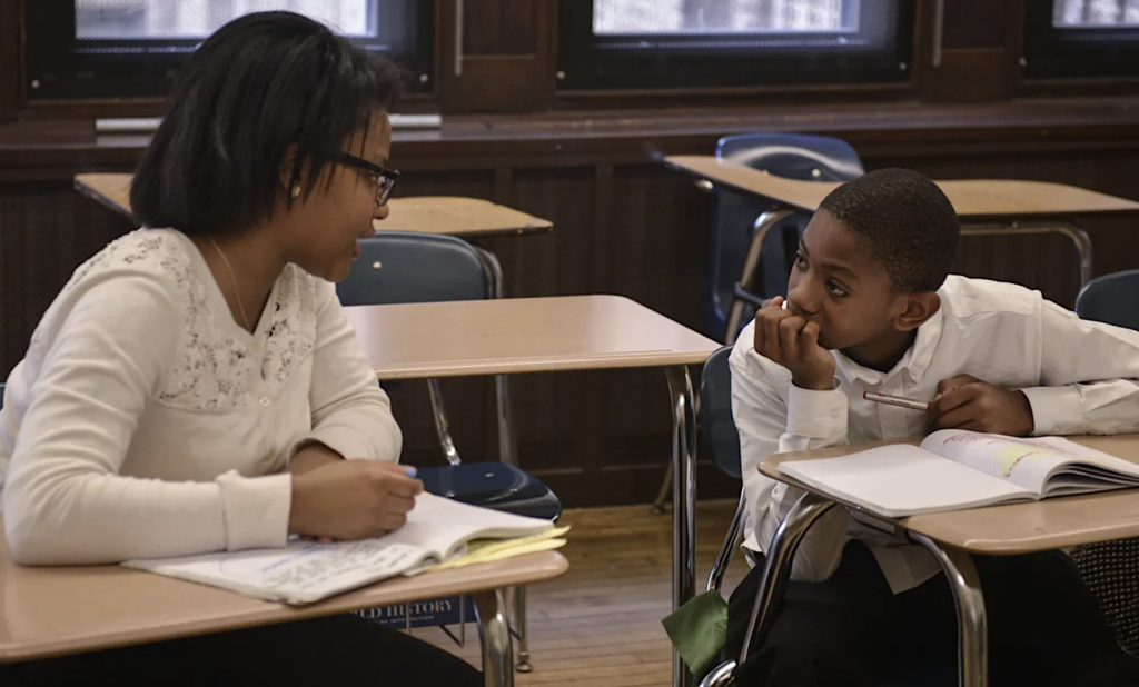 classroom-academy-at-palumbo-2022-08-19 A student and teacher at Philadelphia’s Academy at Palumbo, a school that uses selective admissions. In 2021, the city district changed the system for admissions to the top-tier schools to a lottery process. (Charles Mostroller / The Notebook)