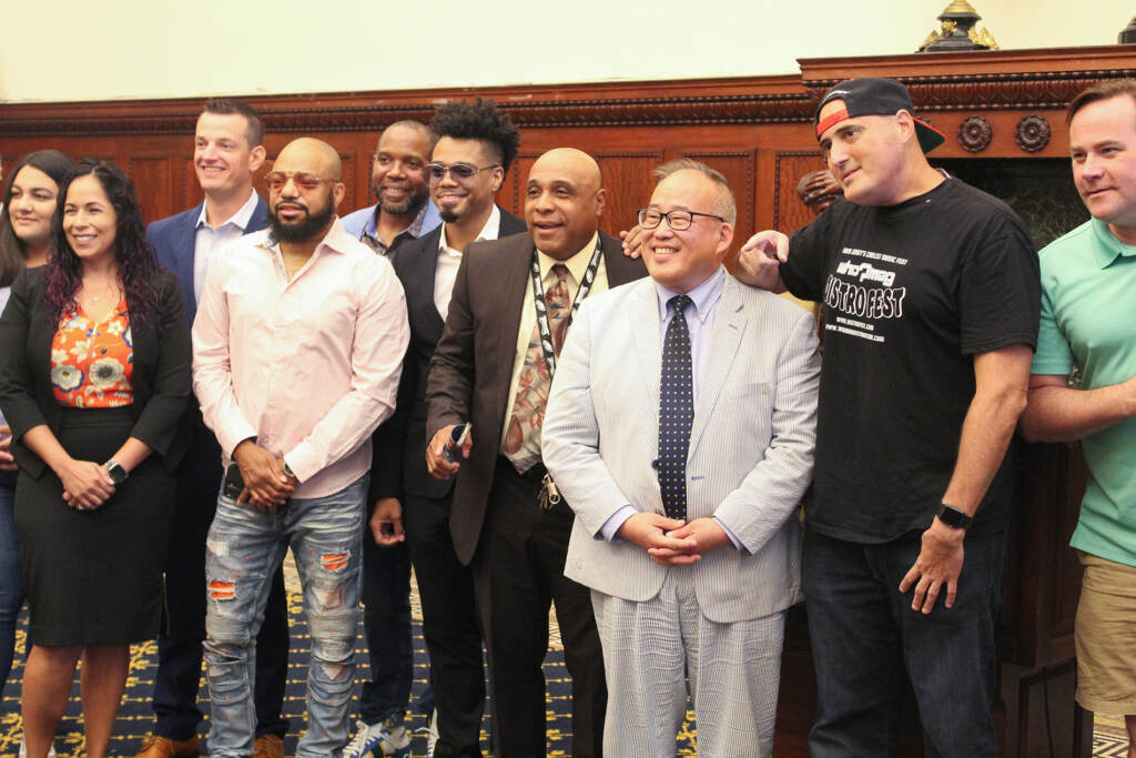 david-oh-phl-live-c-sharber-2022-08-15 City officials, musicians, and judges gathered at City Hall to discuss the returning PHL LIVE Center Stage competition on Aug. 15, 2022. (Cory Sharber/WHYY)