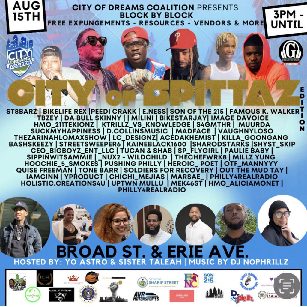 A brightly colored blue flyer features various names of performers and their headshots in an advertisement for an event.