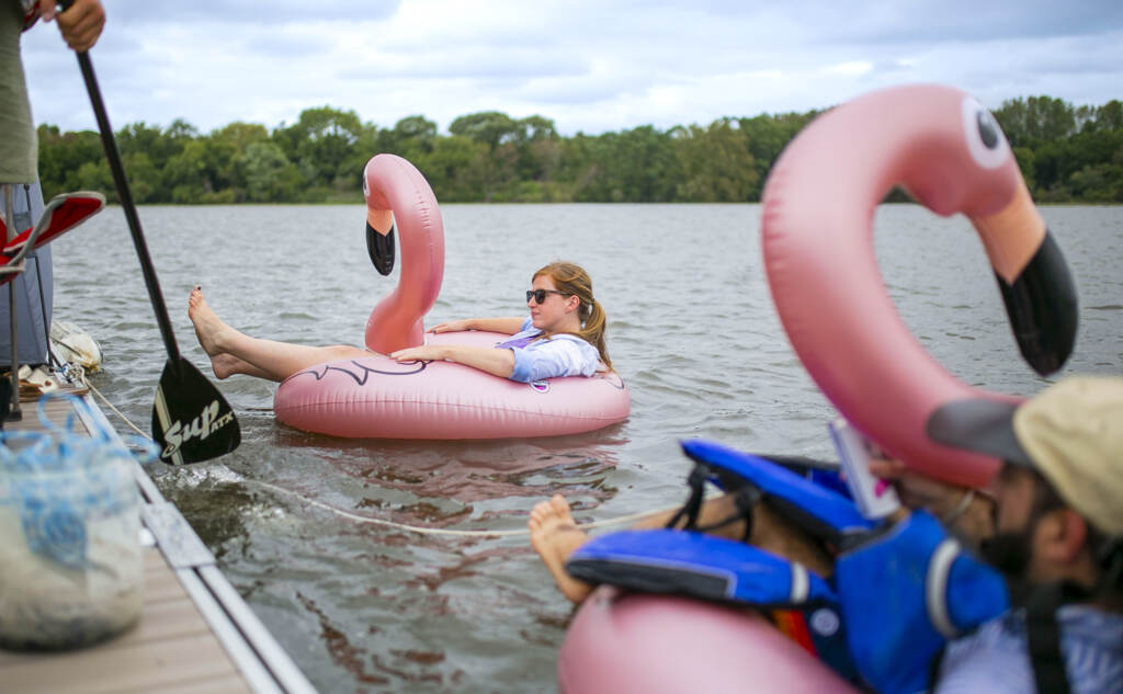 Hounds walk to help save others of their kind A person floats along the Delaware River using a Flamingo float