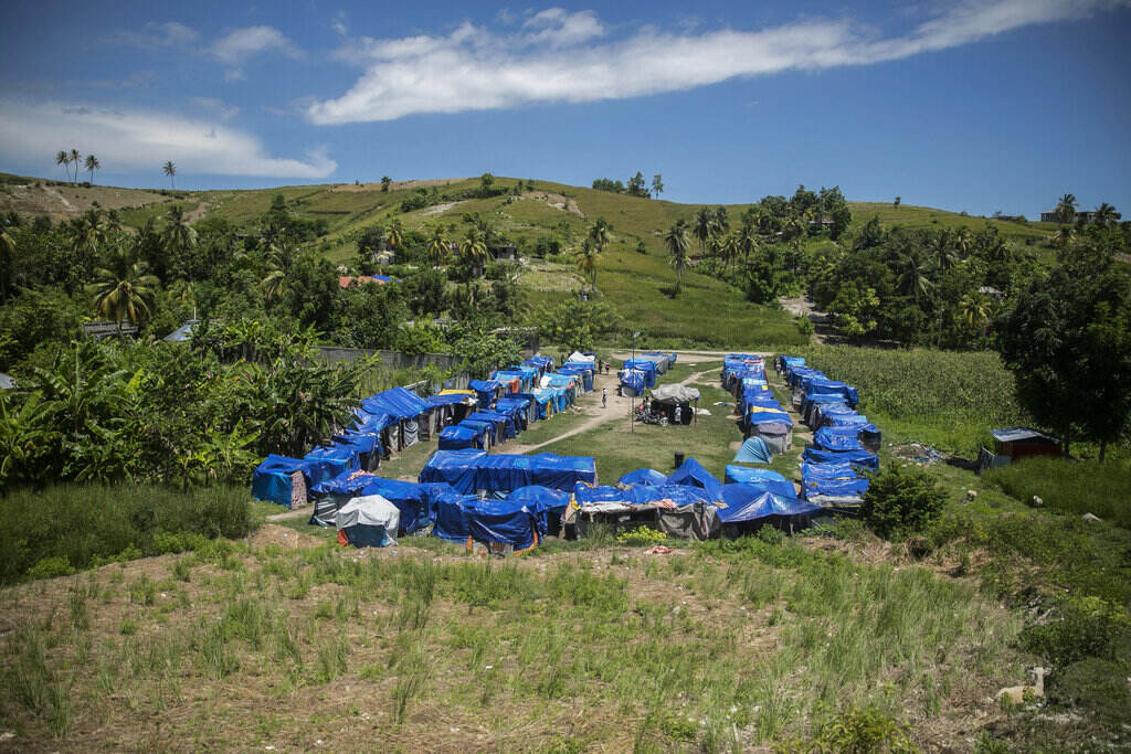 Haiti Earthquake Aftermath Blue tarps covering makeshift homes are visible in the distance in a green field.