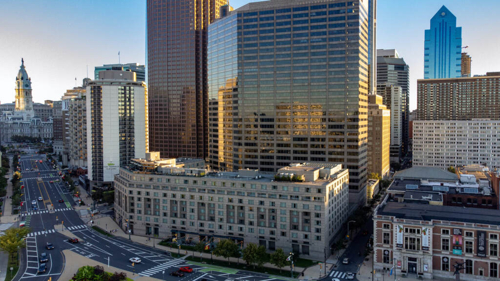 A view of the Logan Hotel along the Ben Franklin Parkway.