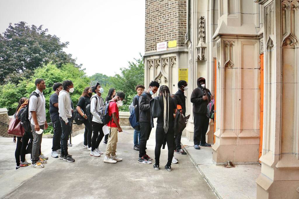 Students line up outside Overbrook High School for the first day of school.