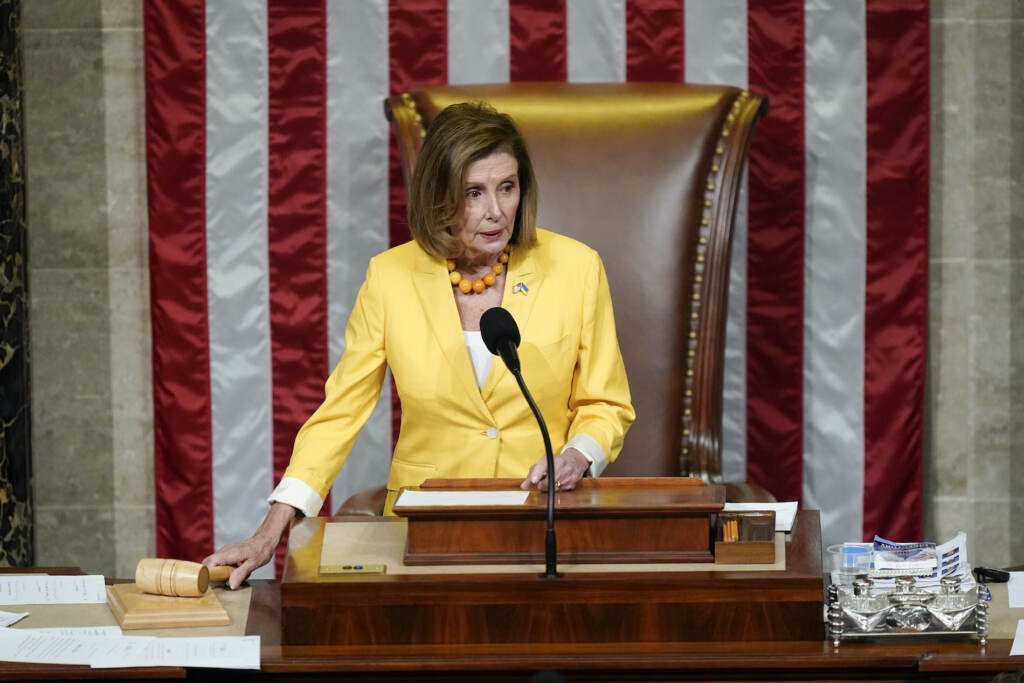 Nancy Pelosi House Speaker Nancy Pelosi of Calif., finishes the vote to approve the Inflation Reduction Act in the House chamber at the Capitol in Washington, Friday, Aug. 12, 2022. A divided Congress gave final approval Friday to Democrats' flagship climate and health care bill. (AP Photo/Patrick Semansky)