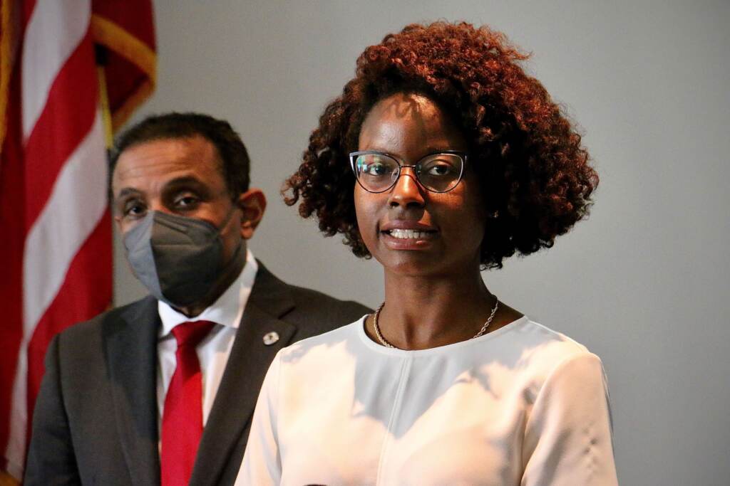 philadelphia-schools-covid-19-safety-plan School District of Philadelphia Superintendent Tony B. Watlington Sr. wears a mask during a press conference on August 12, 2022, at district headquarters while School System Medical Officer Dr. Kendra B. McDow explains the district’s COVID-19 safety plan for the coming school year.